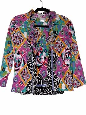 Vintage Alberto Malaki Colorful Ruffle Trim Crinkle Tank & Cardigan Matching Set